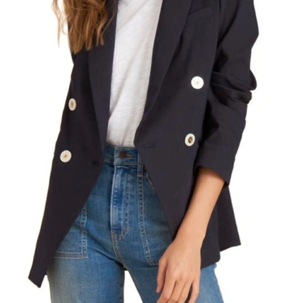 Veronica Beard Nisha Double Breasted Navy Blue Linen Blend Blazer Nautical sz 8